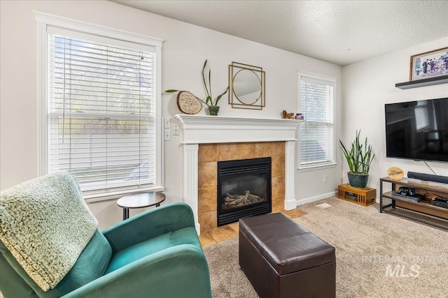 2030 W Cabot Ave, Nampa, ID 83686 - living area featuring a tiled fireplace, carpet flooring, baseboards, and a textured ceiling