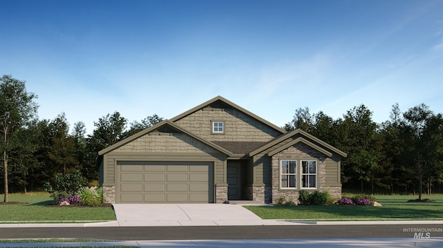 craftsman inspired home featuring a garage and a front lawn