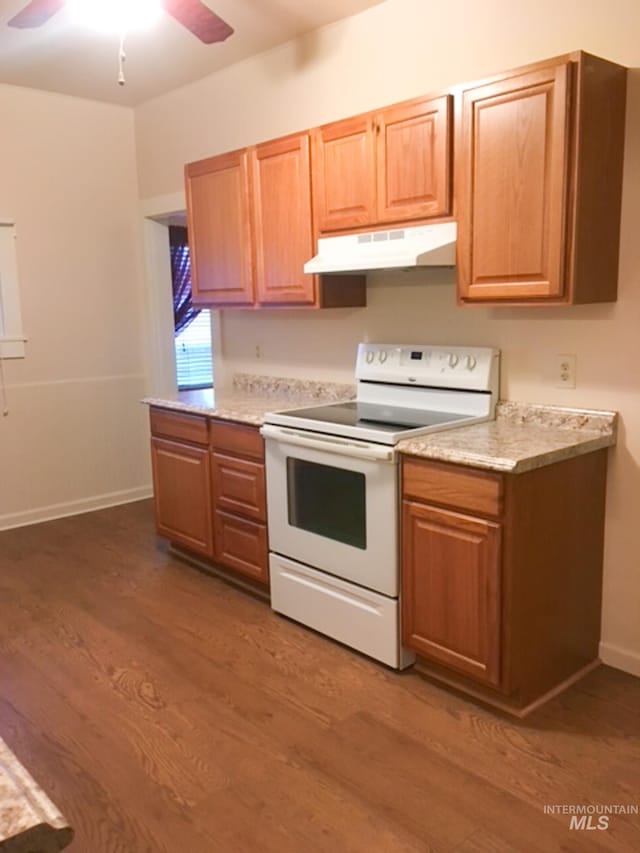 1603 11th Ave, Lewiston, ID 83501 - kitchen with white electric range oven, under cabinet range hood, dark wood-style flooring, ceiling fan, and baseboards