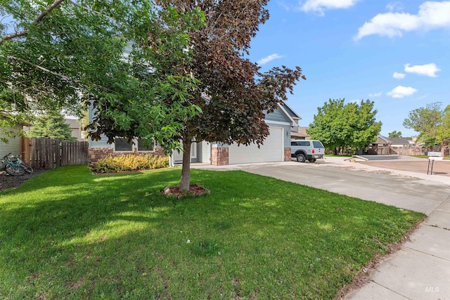 obstructed view of property with driveway, a garage, and brick siding