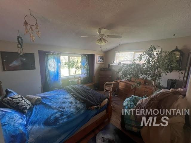 bedroom featuring ceiling fan, a textured ceiling, vaulted ceiling, and multiple windows