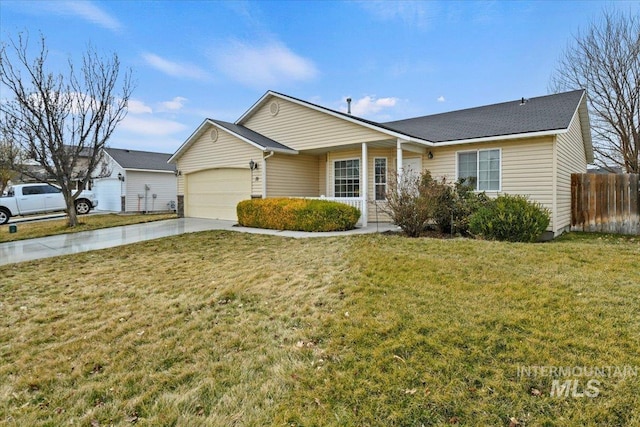 single story home featuring a front lawn, concrete driveway, an attached garage, and fence