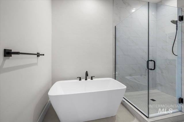 bathroom with tile patterned flooring and plus walk in shower