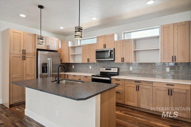 701 N 2nd Ave, Hailey, ID 83333 - kitchen featuring open shelves, a sink, dark wood-style floors, and stainless steel appliances