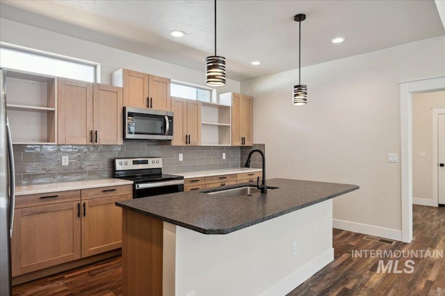 701 N 2nd Ave, Hailey, ID 83333 - kitchen featuring a sink, appliances with stainless steel finishes, tasteful backsplash, and open shelves