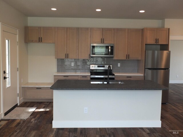 701 N 2nd Ave, Hailey, ID 83333 - kitchen with an island with sink, a sink, appliances with stainless steel finishes, and backsplash