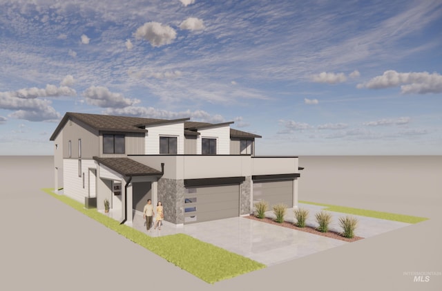 contemporary house featuring a balcony, driveway, a shingled roof, and a garage