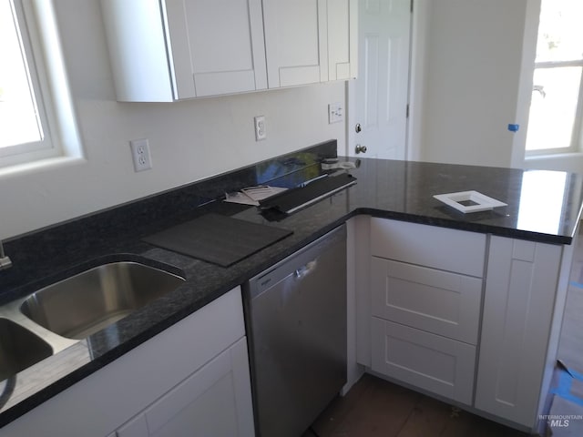 kitchen featuring dishwasher, white cabinetry, sink, and dark stone counters