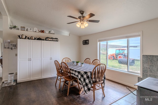 3537 Brogan Rd, Emmett, ID 83617 - dining area featuring a ceiling fan, wood finished floors, baseboards, and lofted ceiling