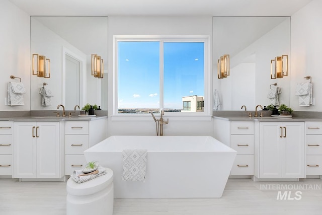 bathroom featuring vanity, a bathtub, and hardwood / wood-style flooring