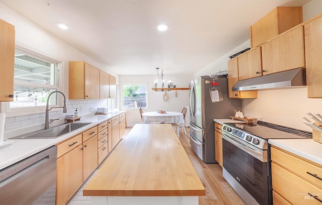 3509 8th St Unit C, Lewiston, ID 83501 - kitchen featuring under cabinet range hood, appliances with stainless steel finishes, butcher block countertops, a sink, and light brown cabinets