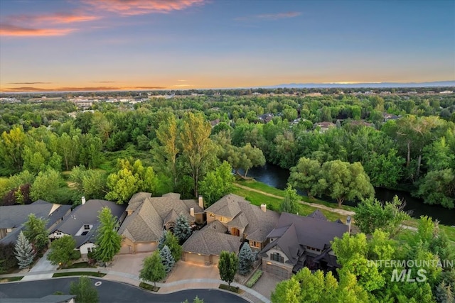 215 W Riverbridge Ln, Eagle, ID 83616 - aerial view at dusk of a water view, a residential view, and a forest view