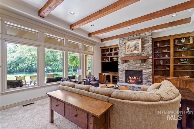 215 W Riverbridge Ln, Eagle, ID 83616 - living area with beamed ceiling, a fireplace, carpet, recessed lighting, and built in shelves