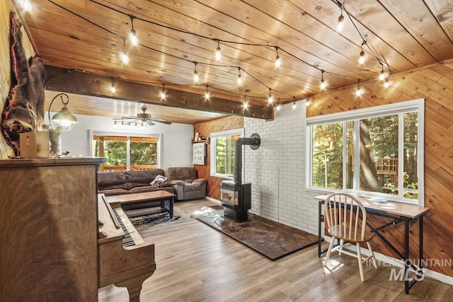 429 Doriann Dr, Cascade, ID 83611 - living area featuring a wood stove, wooden walls, wood finished floors, brick wall, and a ceiling fan