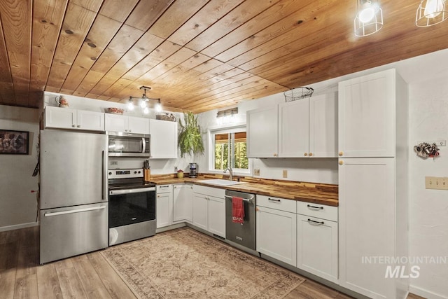 429 Doriann Dr, Cascade, ID 83611 - kitchen with stainless steel appliances, butcher block counters, wooden ceiling, a sink, and white cabinets