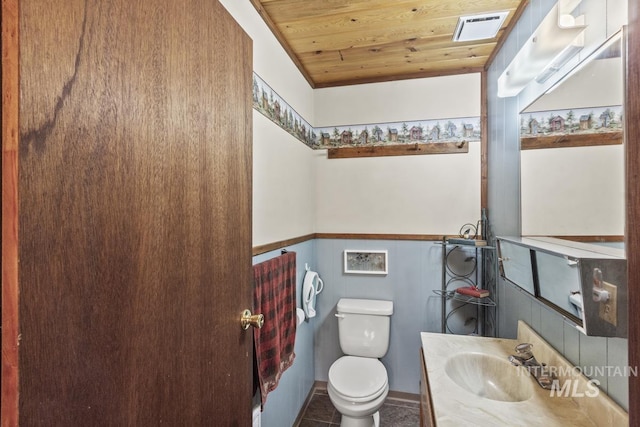 429 Doriann Dr, Cascade, ID 83611 - bathroom with wooden ceiling, toilet, vanity, and wainscoting