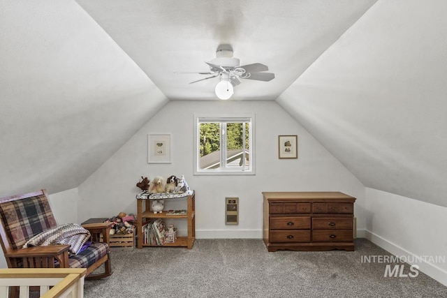 429 Doriann Dr, Cascade, ID 83611 - living area featuring a ceiling fan, lofted ceiling, carpet, and baseboards