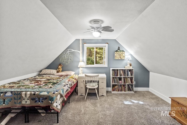 429 Doriann Dr, Cascade, ID 83611 - carpeted bedroom with lofted ceiling, baseboards, a ceiling fan, and a textured ceiling