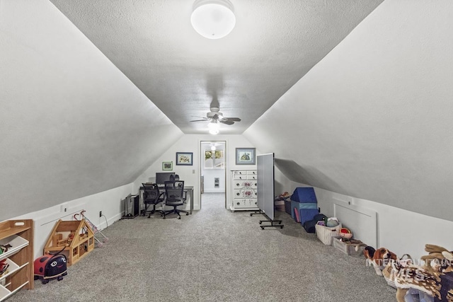 429 Doriann Dr, Cascade, ID 83611 - carpeted office space with lofted ceiling, a ceiling fan, and a textured ceiling