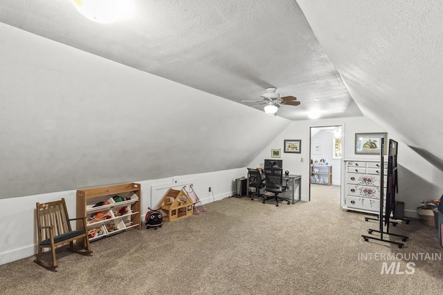 429 Doriann Dr, Cascade, ID 83611 - office space featuring a textured ceiling, lofted ceiling, a ceiling fan, carpet flooring, and baseboards