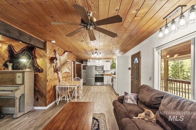 429 Doriann Dr, Cascade, ID 83611 - living room with wooden ceiling, wooden walls, a ceiling fan, and light wood-style flooring