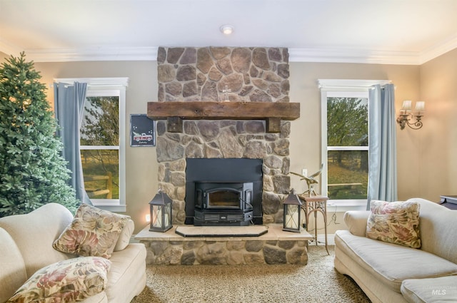 20169 Hoskins Rd, Caldwell, ID 83607 - carpeted living area featuring a wood stove and ornamental molding
