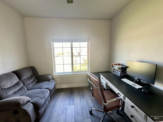 home office featuring dark wood-type flooring