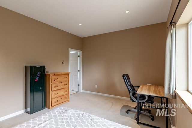 home office featuring baseboards, light colored carpet, and recessed lighting