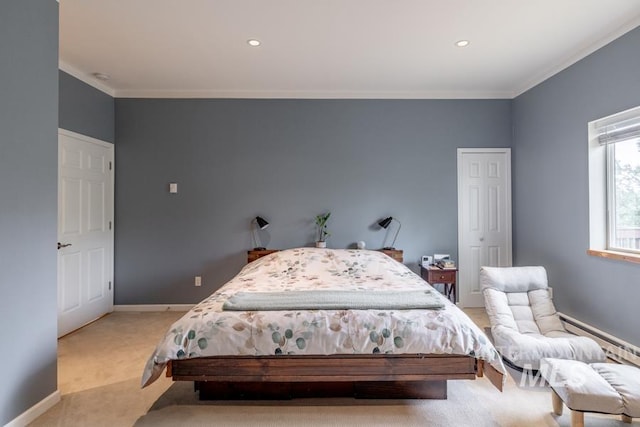 bedroom with baseboards, ornamental molding, recessed lighting, and light colored carpet