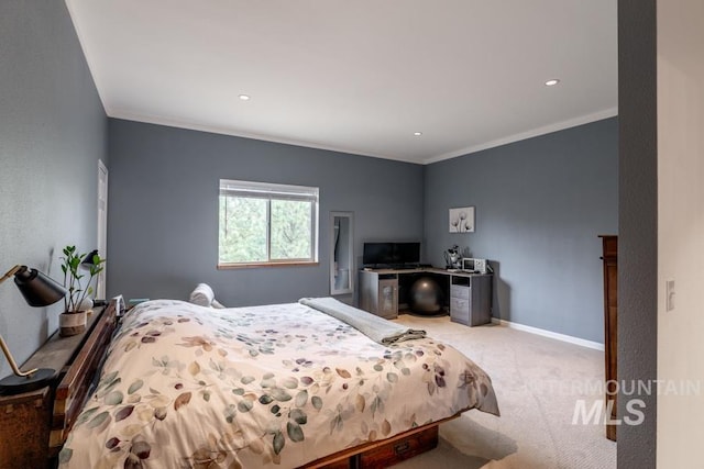 bedroom featuring baseboards, recessed lighting, ornamental molding, and carpet flooring