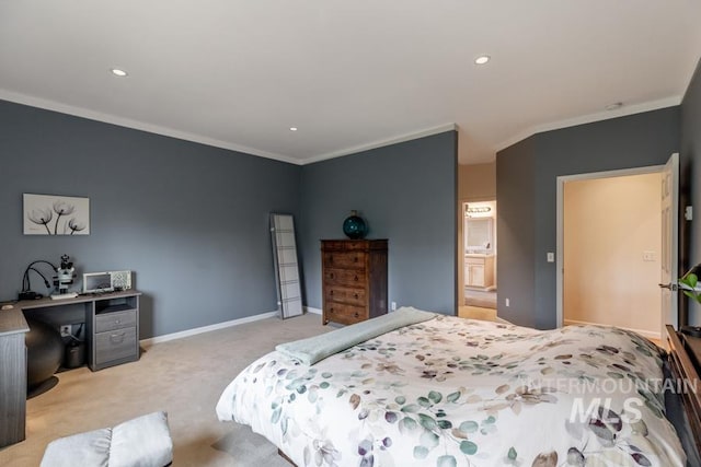 bedroom featuring crown molding, baseboards, light colored carpet, and recessed lighting