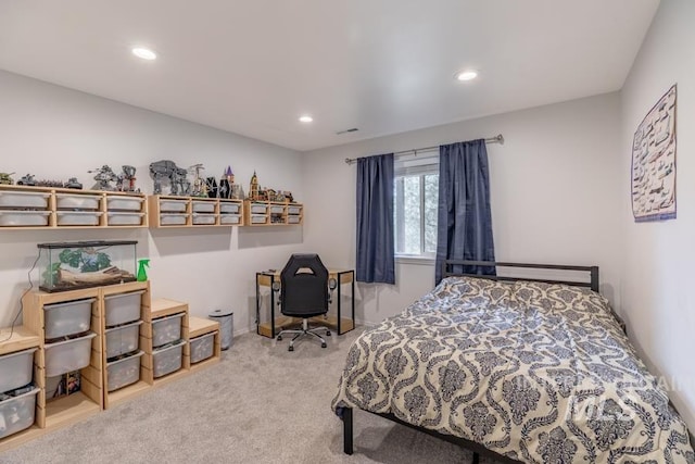 carpeted bedroom with baseboards and recessed lighting