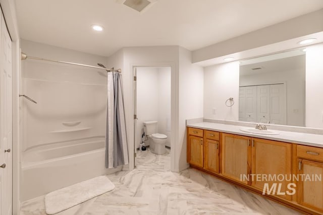 bathroom with visible vents, marble finish floor, toilet, vanity, and shower / bath combination with curtain