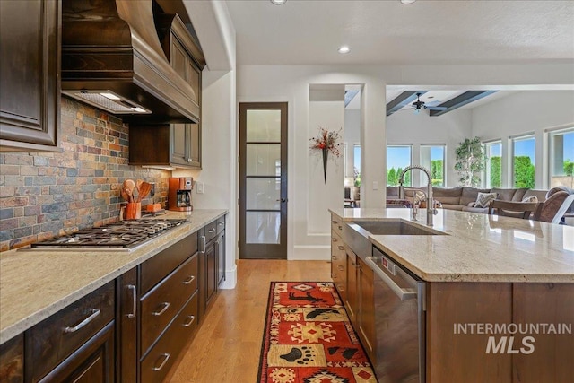 1480 N Colline Bello, Eagle, ID 83616 - kitchen featuring stainless steel appliances, premium range hood, a sink, a ceiling fan, and backsplash