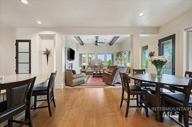 1480 N Colline Bello, Eagle, ID 83616 - dining space featuring a ceiling fan, recessed lighting, light wood-type flooring, and beam ceiling