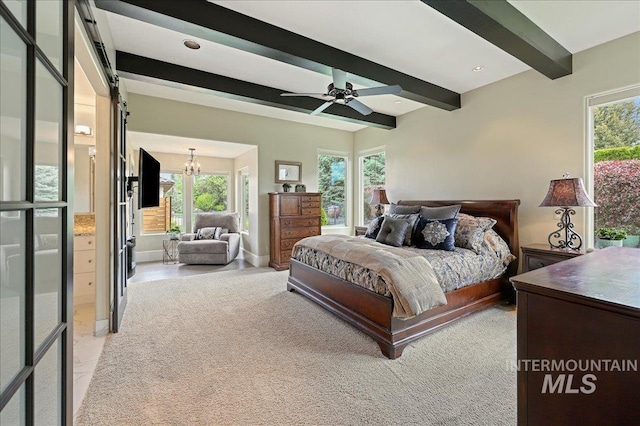 1480 N Colline Bello, Eagle, ID 83616 - bedroom featuring multiple windows, beam ceiling, and light carpet
