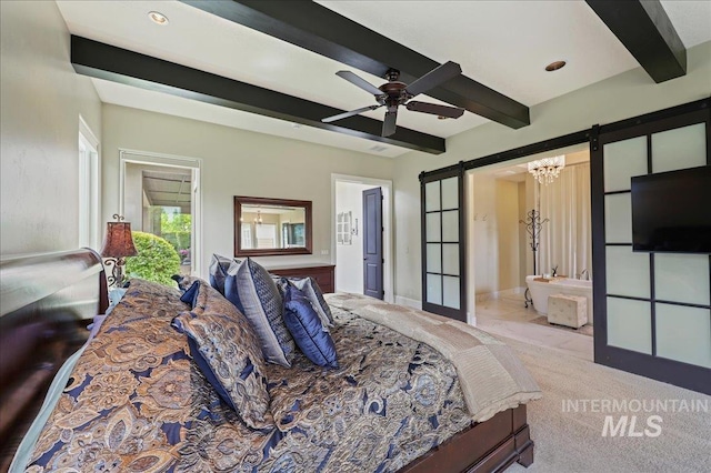 1480 N Colline Bello, Eagle, ID 83616 - bedroom featuring a barn door, beam ceiling, light colored carpet, ceiling fan, and recessed lighting