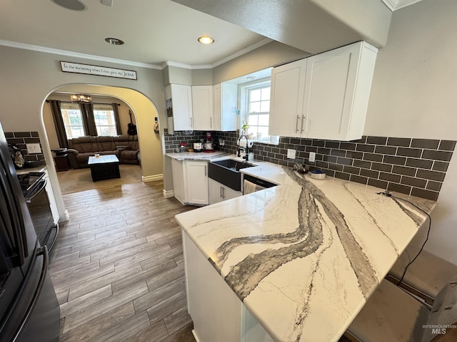 1128 30th St, Lewiston, ID 83501 - kitchen featuring arched walkways, a sink, light stone counters, healthy amount of natural light, and ornamental molding