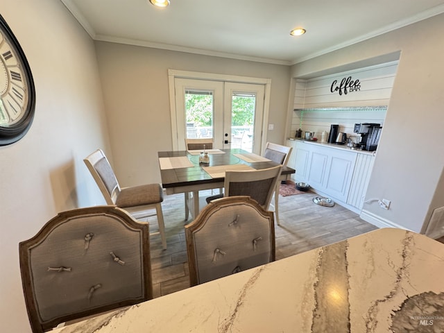 1128 30th St, Lewiston, ID 83501 - dining area with french doors, wood finished floors, ornamental molding, and recessed lighting