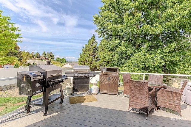 1128 30th St, Lewiston, ID 83501 - wooden deck with outdoor dining space and fence