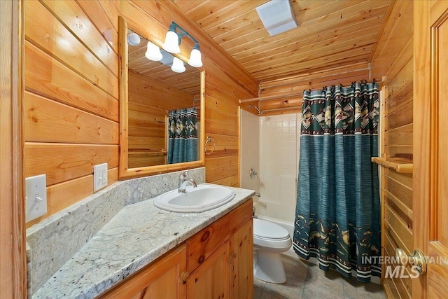 full bathroom with toilet, wooden walls, wood ceiling, shower / bath combo, and vanity