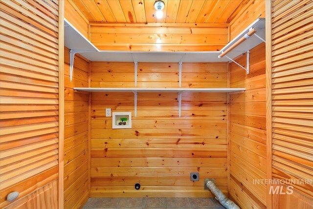 washroom with hookup for a washing machine, electric dryer hookup, and wood ceiling