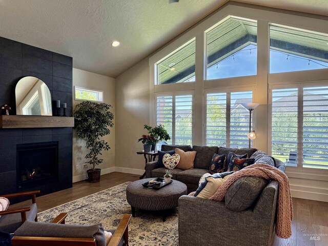 2280 N Burnam Ave, Star, ID 83669 - living room featuring lofted ceiling, wood finished floors, a tile fireplace, recessed lighting, and baseboards
