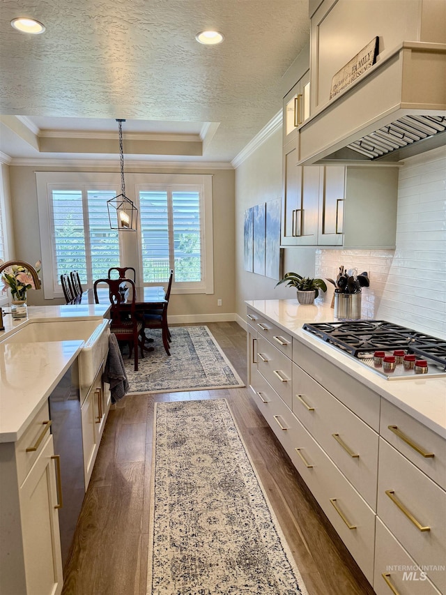 2280 N Burnam Ave, Star, ID 83669 - kitchen with crown molding, a raised ceiling, stainless steel gas stovetop, healthy amount of natural light, and light countertops