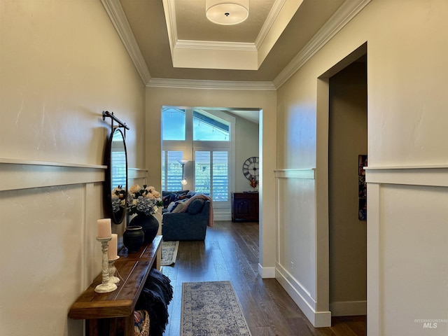 2280 N Burnam Ave, Star, ID 83669 - hall with a tray ceiling, wood finished floors, crown molding, and a wainscoted wall