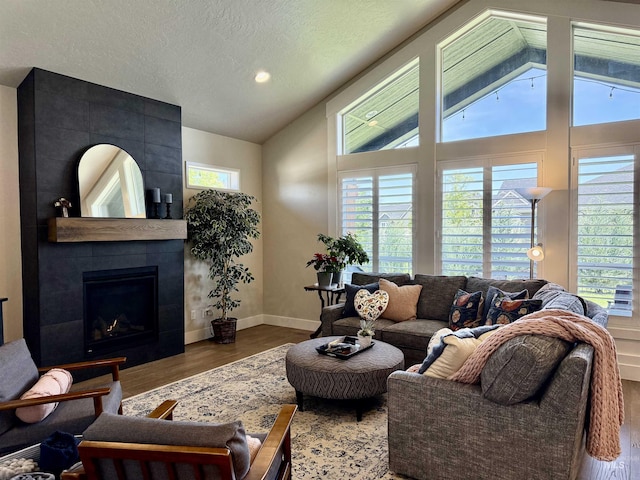 2280 N Burnam Ave, Star, ID 83669 - living area featuring lofted ceiling, wood finished floors, a tile fireplace, a textured ceiling, and baseboards