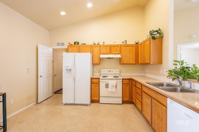 kitchen featuring white appliances, visible vents, under cabinet range hood, high vaulted ceiling, and a sink