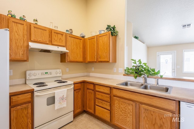 kitchen featuring white appliances, visible vents, light countertops, under cabinet range hood, and a sink