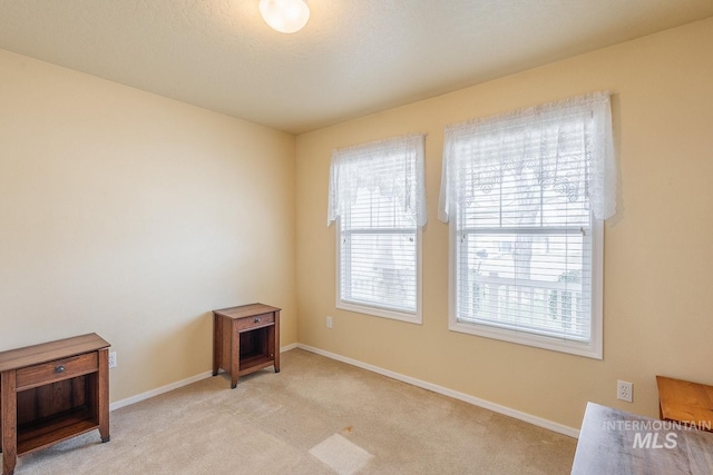 interior space featuring light carpet and baseboards