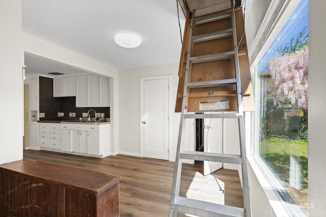 1806 N 28th St, Boise, ID 83703 - kitchen featuring dark countertops, white cabinets, dark wood-type flooring, and plenty of natural light